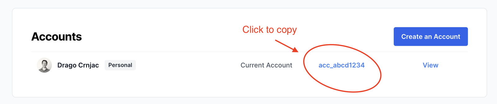 Screenshot of the account settings page in the UI